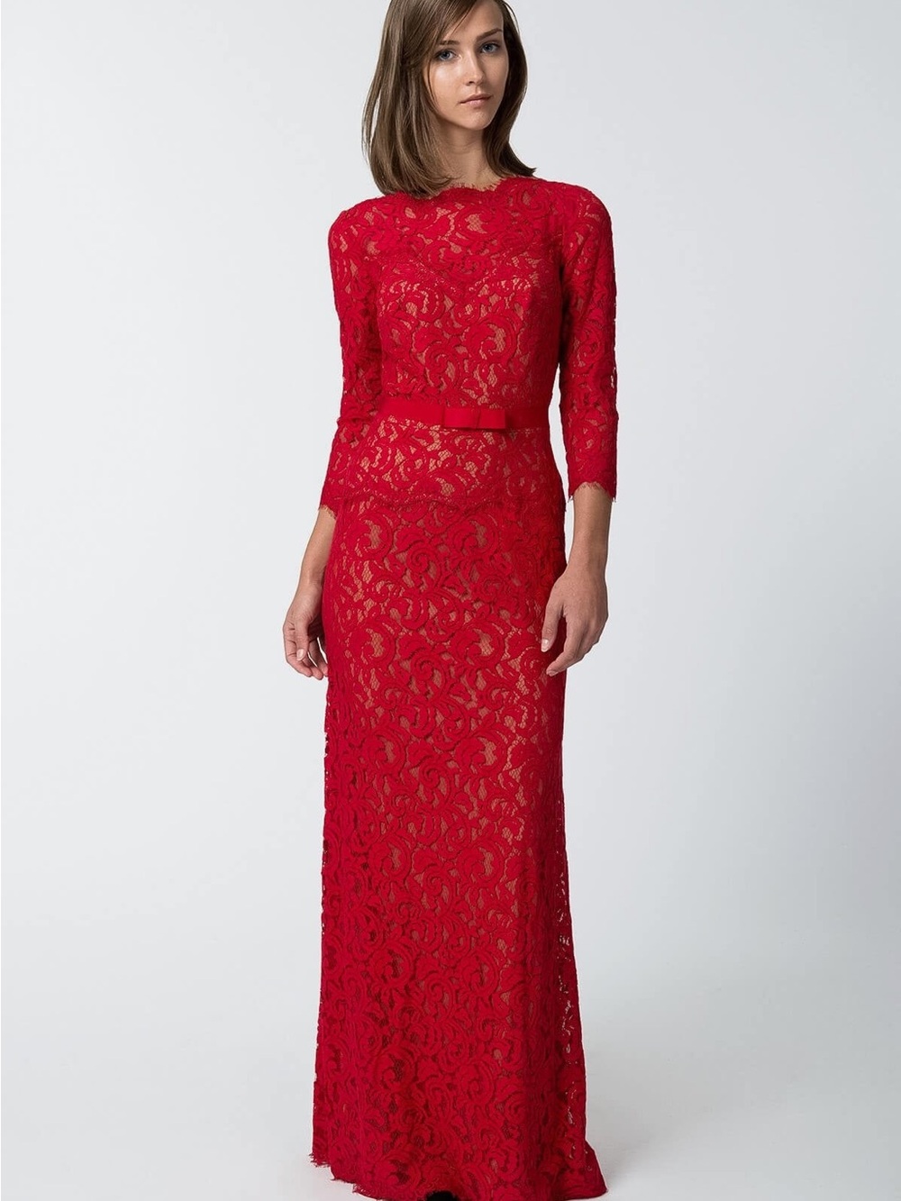 Tadashi Shoji Red Lace Maxi Dress with Three-Quarter Sleeves